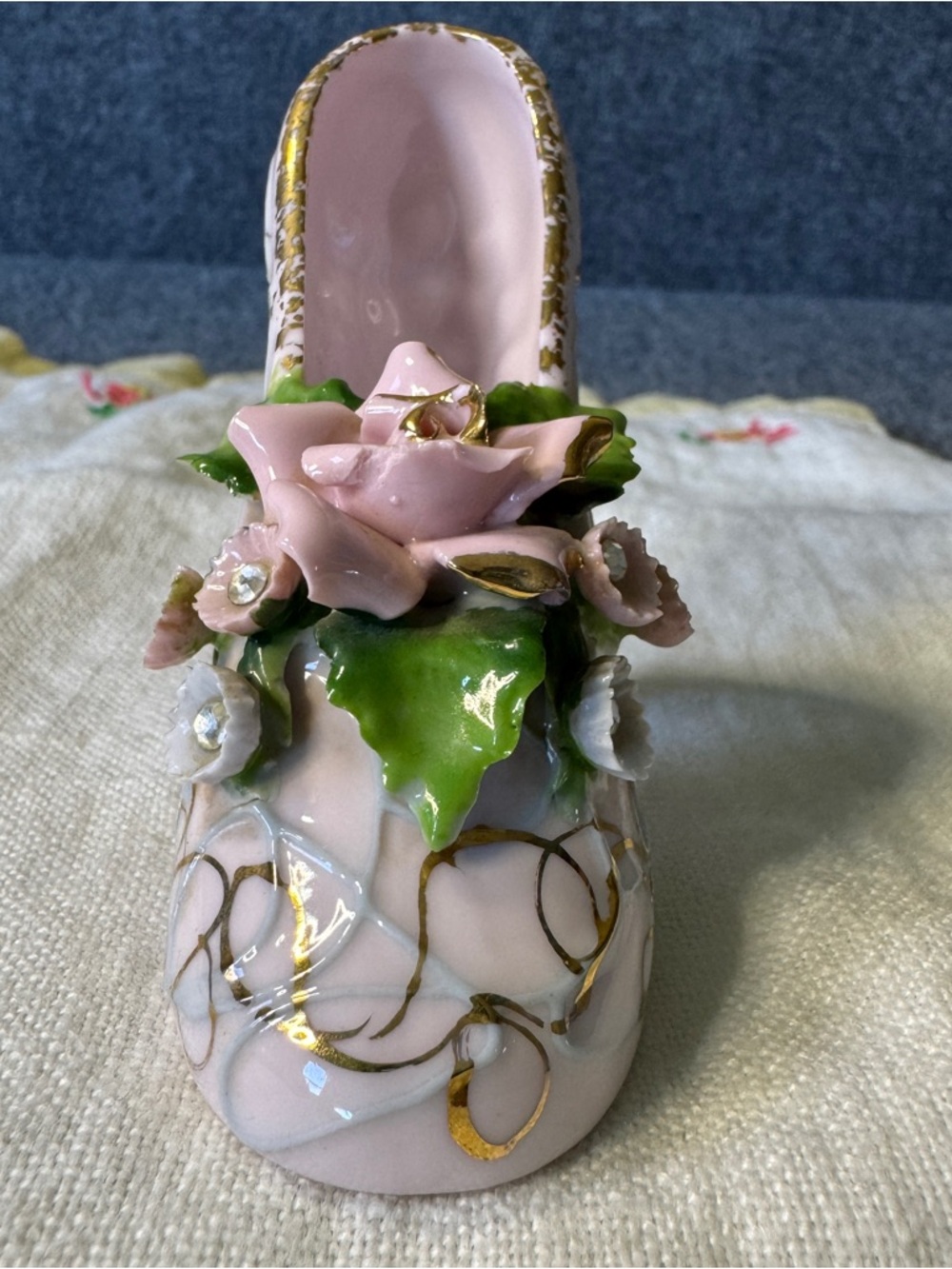 Vintage Japan Porcelain High Heel Shoe Figurine Pink Floral Rhinestone Vanity - Picture 2 of 14